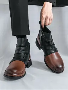 Men's Retro Thick Rubber Sole Motorcycle Boots, Colorblock Pleated Side Zip V-Neck Business Casual Trendy Short Boots