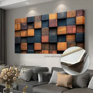 Modern Bohemian Geometric Brown Wooden BlockCanvas Wall Art - Horizontal Wood Plank Design, Wrapped CanvasFrame,Indoor/Outdoor Use for Living Room, Bedroom, Kitchen, Bathroom, Office & Dining Room Decor Aesthetic Room Decor