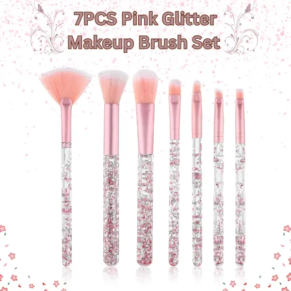 7PCS Pink Glitter Makeup Brush Set – Crystal Handle Face & Eye Brushes for Blush, Powder, Eyeshadow, Brows & Lips | Sparkly Travel Brush Kit for Women, Teens & Halloween Makeup Gift