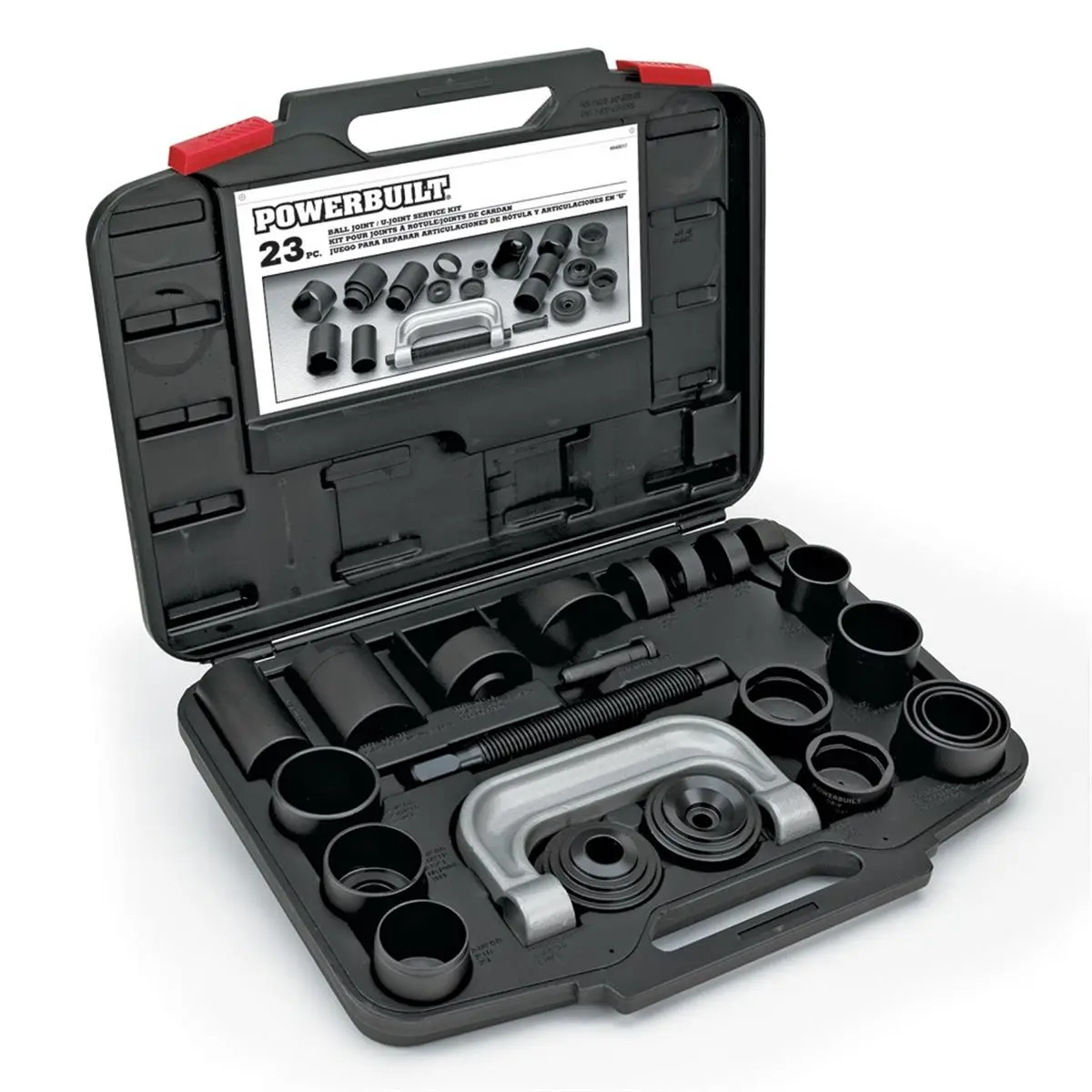 Powerbuilt 23-Piece Ball Joint & U-Joint Service Set, ANSI-Standard Mechanic Tool Kit for Most Vehicles with Wrench, Cups, Adapters, Receiving & Installing Tubes, 30 lbs Storage Case, Instructions, Car Tool Set
