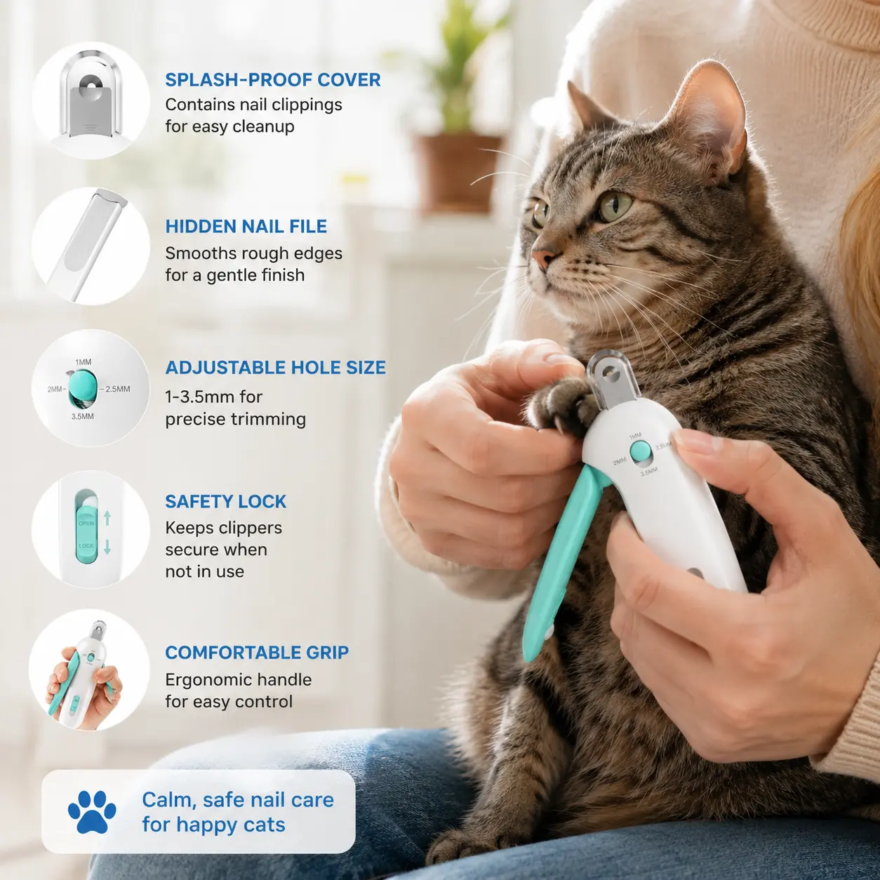 1 Count Cat Nail Clipper, Adjustable 1-3.5mm Aperture Pet Nail Trimmer with Hidden Nail File and Splash-Proof Cover for Small Medium Large Cats