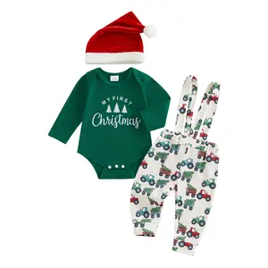 Meihuida Newborn Baby Boy My 1st Christmas 3Pcs Outfit 0 3 6 9 12 18 Months Long Sleeve Letter Print Romper with Overall Pants and Hat Infant Clothes