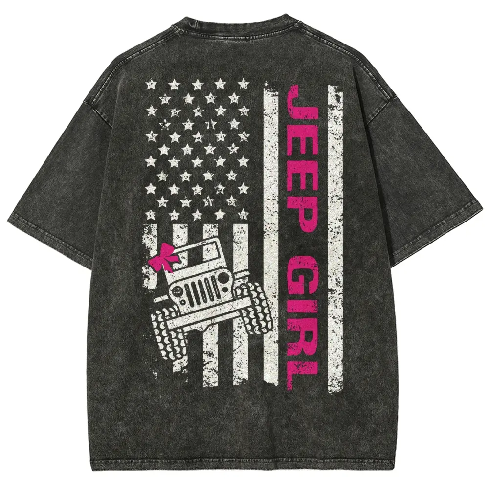 Vintage Washed Jeep Girl Graphic T-Shirt - Cute Off-Road American Flag Oversized Tee, Casual Streetwear Trendy Top for Women & Unisex