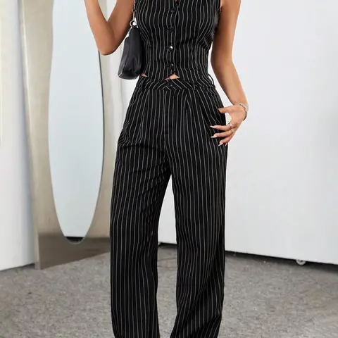 Women's Striped Print Button Front Sleeveless Lightweight Vest Blazer & Pants Fitted Matching Two-piece Set Pants Top Set Suits Aesthetic Fashion Casual Outfits for Work Office Business, Ladies Summer Clothes Corporate Outfits Women Womenswear