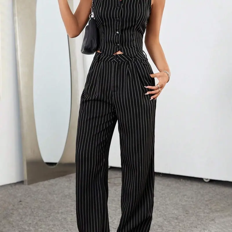 Women's Striped Print Button Front Sleeveless Lightweight Vest Blazer & Pants Fitted Matching Two-piece Set Pants Top Set Suits Aesthetic Fashion Casual Outfits for Work Office Business, Ladies Summer Clothes Corporate Outfits Women Womenswear