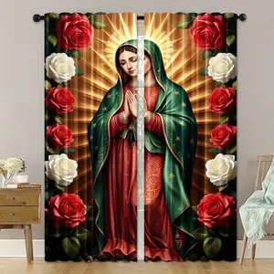 2 Piece Virgin Mary Rose Art Digital Print Sheer Curtain Set, Vibrant Floral Religious Design, for Bedroom Living Room Office, Sheer Printed Curtains