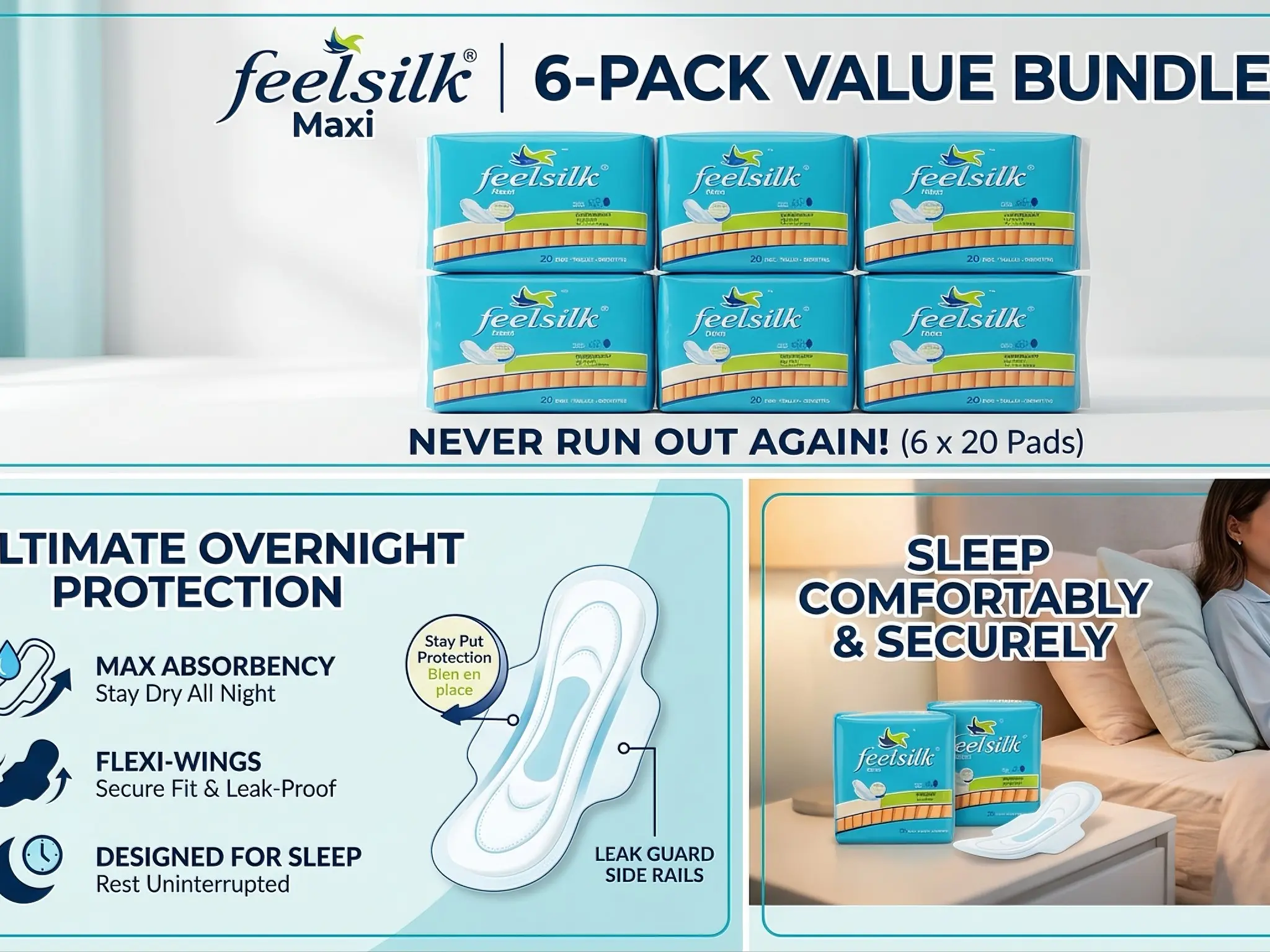 Feelsilk All Night Leakproof Overnight Pads 6 Bulk Pack