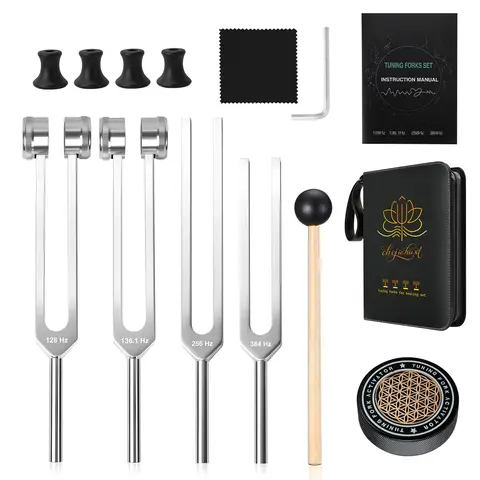 Corrosion-Resistant Durable Lightweight Aluminium Holistic Sound Therapy Tuning Fork Set - 128Hz,136.1Hz,256Hz,384Hz Percussion Instrument, Prop 65 Safe, Leather Bag Included, Mom's Relaxing Birthday Gift, Improves Blood Circulation, Eases Anxiety, High G