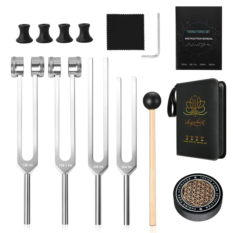 Corrosion-Resistant Durable Lightweight Aluminium Holistic Sound Therapy Tuning Fork Set - 128Hz,136.1Hz,256Hz,384Hz Percussion Instrument, Prop 65 Safe, Leather Bag Included, Mom's Relaxing Birthday Gift, Improves Blood Circulation, Eases Anxiety, High G