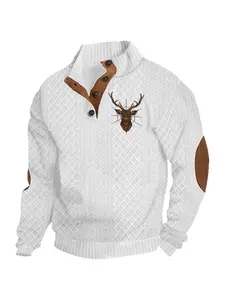 fall outfits Men's autumn and winter fashion jacquard diamond-patterned color-blocking top and hoodie, Christmas hit reindeer print, semi-open button design, brown patches on the elbows, high-quality outfitfall outfits Men's autumn and winter fashion jacq