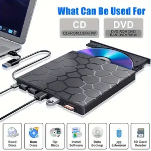 Portable External DVD Player for Laptops, 8-In-1 USB 3.0 Ultra-Thin CD Burner, Compatible with Desktop, MAC, Windows, Linux