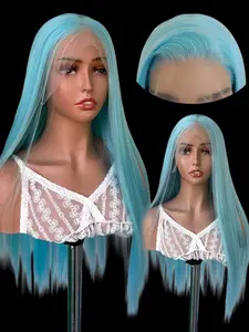 26inch Sky Blue Straight Synthetic Wig Natural Hairline Realistic Illusion Hairline Heat Resistant Blue Fiber Hair Lace Front Wigs Glueless Wig 13*4 Transparent Lace Hair for Unisex Party Cosplay Use