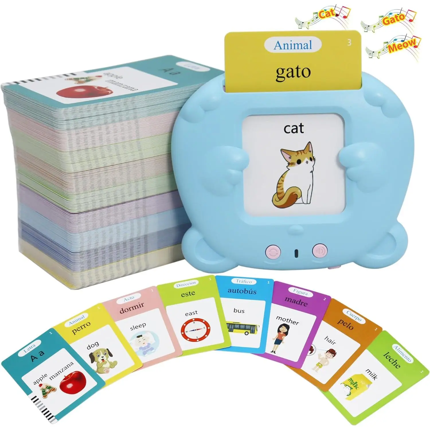 X-ITC42 Spanish & English 510 Words Alphabet Bilingual Talking Flash Cards for 3-8 Years Toddlers, Pocket Speech Buddy Therapy Autism Toys, Educational Learning Interactive Toy for Boys Girls Kids Gifts Blue
