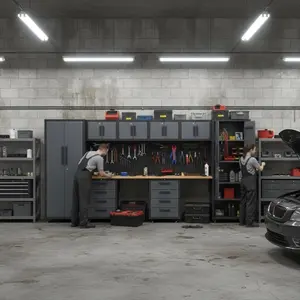 14PCS Workshop Set Garage Cabinets and Storage with Steel Cabinet Drawers, Workbench, Pegboard