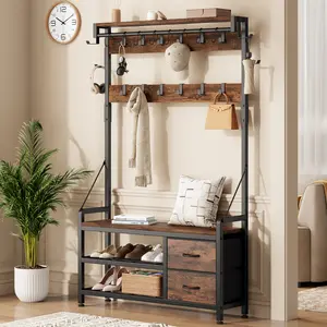 Aowos Hall Tree with Bench and Shoe Storage, 31”/39” Freestanding Entryway Storage Cabinet, 5-in-1 Coat Rack and Shoe Bench with Wall Organizer, 17 Hooks, Drawers and Shelves, Space-Saving Hall Tree for Entryway, Hallway, Foyer