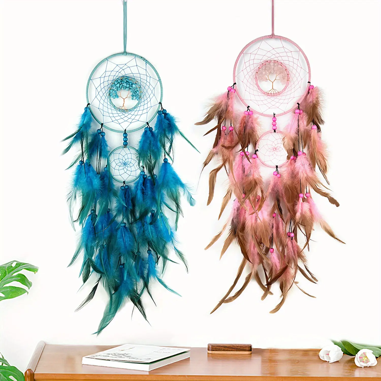 One Handcrafted Tree of Life Dream Catcher Featuring Artificial Feathers, Perfect for a Room. This Romantic Hanging Decoration Includes a Bell And Serves As a Beautiful Ornament, Making It an Ideal Gift Idea for Wolf Dreamcatcher Enthusiast
