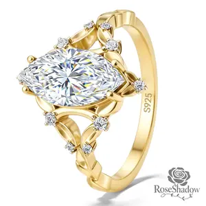 ROSESHADOW 1CT/2CT Marquise Cut VVS Moissanite Vintage Engagement Ring 14K Gold Plated Sterling Silver Promise Wedding Band Bridal Festival Synthetic Moissanite Jewelry Gift  with Certificate & Box