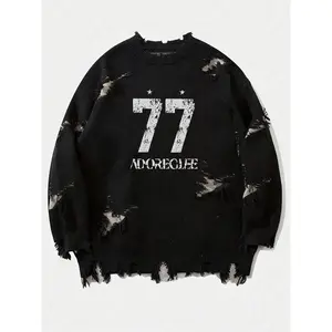 Men’s loose-knit sweater with a crew neck, off-shoulder design, and long sleeves; streetwear/hip-hop retro style; creative gift idea; knitted fabric