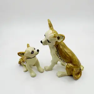 Creative Alloy Chihuahua AB Style Jewelry Box Metal Colored Paintings Inlaid Diamonds Dog Home Ornament Box
