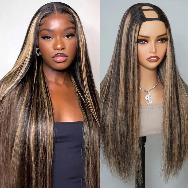 Recool Hair Balayage Highlight U Part Wig Human Hair Straight Wigs 180 Density Pull & Go Beginner Friendly No Glue Wig Protective Style Black with Blonde Highlight #TikTokShopBackToSchool #DealsForYouDays