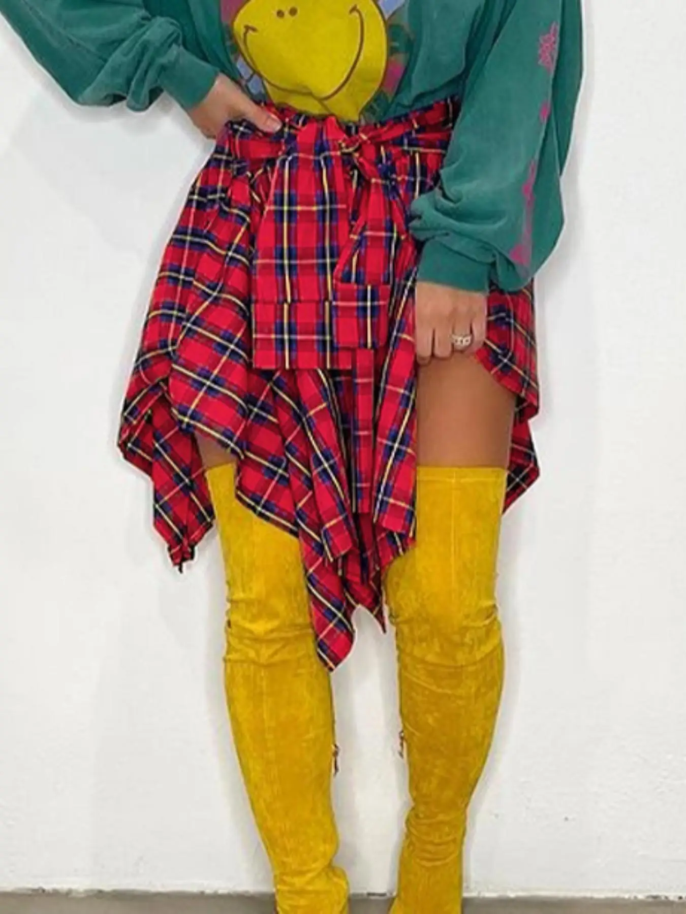 Women's Plaid Print Knot Front Skirt, Fashion Casual Asymmetrical Hem Knee Length Skirt for Daily Outdoor Wear, Women's Bottoms for Spring & Fall