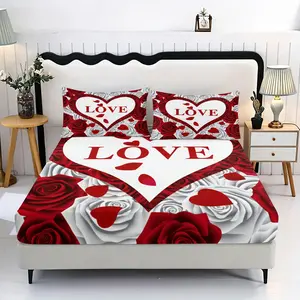 3 Piece Set Valentine's Heart and Rose Pattern Polyester Bed Skirt and Pillowcase Set, Soft and Comfortable Bedding Set with Deep Pockets for Bedroom and Guest Room, Bed Sheet Sets