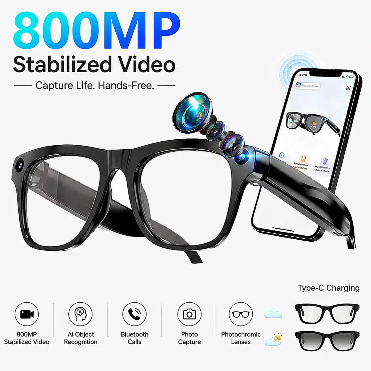 AI Smart Wearable Glasses - 800MP Camera, 1080P HD, Touch-Voice Control, Wireless Audio Calls, AI Recording, 27-Language Translation, Photochromic Lenses, Ideal for Meeting Minutes, Travel, Recording Glasses Multifunctional Smart Glasses Video Camera Glas