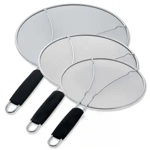 13"/11.5"/9.5" 3-Piece Splatter Screen Set - Stainless Steel Fine Mesh Grease Guard, Resting Feet & Comfort Grip for Frying Pan Pots