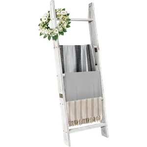 Blanket Ladders for The Living Room, 5-Tier Blanket Holder, Wall-Leaning Blanket Rack, Ladder Shelves, Wooden Quilt Ladder, Farmhouse Decor, White