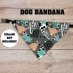 Turquoise Cow Dog Bandana - Over The Collar - COLLAR NOT INCLUDED!  Pet Accessories, Cat Bandana, Handmade, Gifts For Pets, Animal, Western, Cattle, Longhorn, Highland Cow, Dessert, Aztec, Cowprint