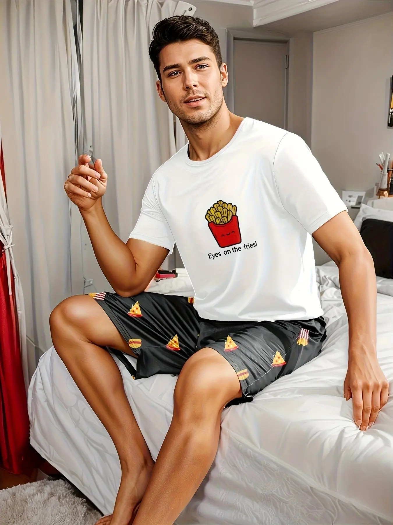 Men's Pajama Set, French Fries Pattern Short Sleeve Top and Matching Shorts, Casual Fitted Sleepwear for Home Comfort, Lightweight Loungewear, Casual Comfy Pajama, Pjs, Pyjamas, Homewear, Shorts Nightwear, Home Clothes Loungewear