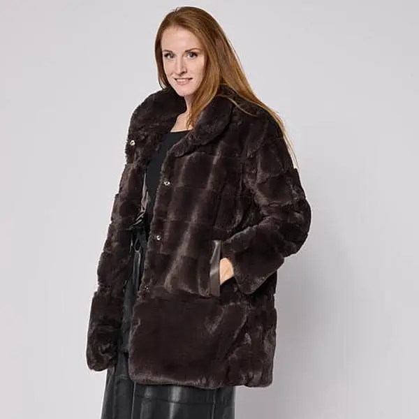 Nina Leonard Horizontal Stripe Faux Fur Jacket