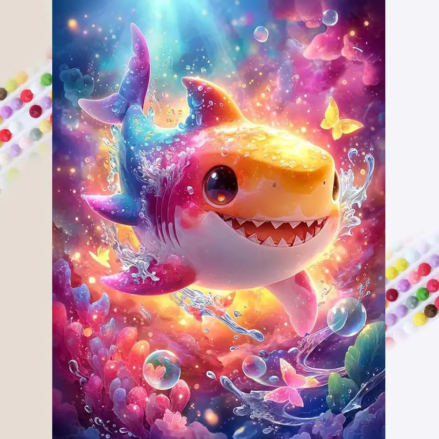 1pcs 5D DIY diamond painting kit, 5D diamond art set, DIY decoration, rainbow shark diamond painting kit full round drill DIY, mosaic, diamond art, DIY art home decoration, suitable for Halloween and Christmas, DIY Kits, Handicraft