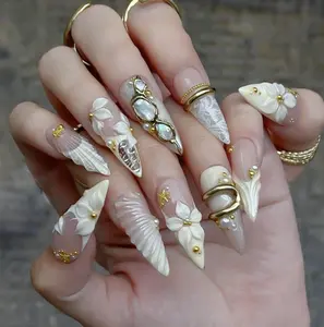 Flower Pastel with French Tips Press On Nails, Handmade Gold Spring Nails, Nail For Women, Vintage NailArt, Party, Birthday Nails Inspo