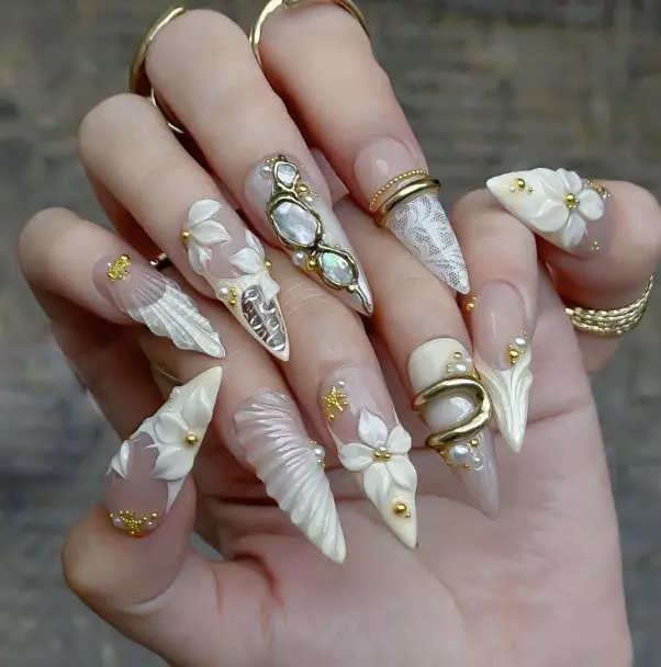 Flower Pastel with French Tips Press On Nails, Handmade Gold Spring Nails, Nail For Women, Vintage Nail Art, Party, Birthday Nails Inspo