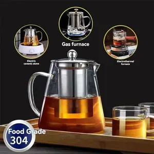 Silicate Glass Transparent Tea Pot with Stainless Steel Filter Net, Safe Open Flame Design for Loose Leaf Teas, Large Capacity Kitchen Essential, Glass Teapot