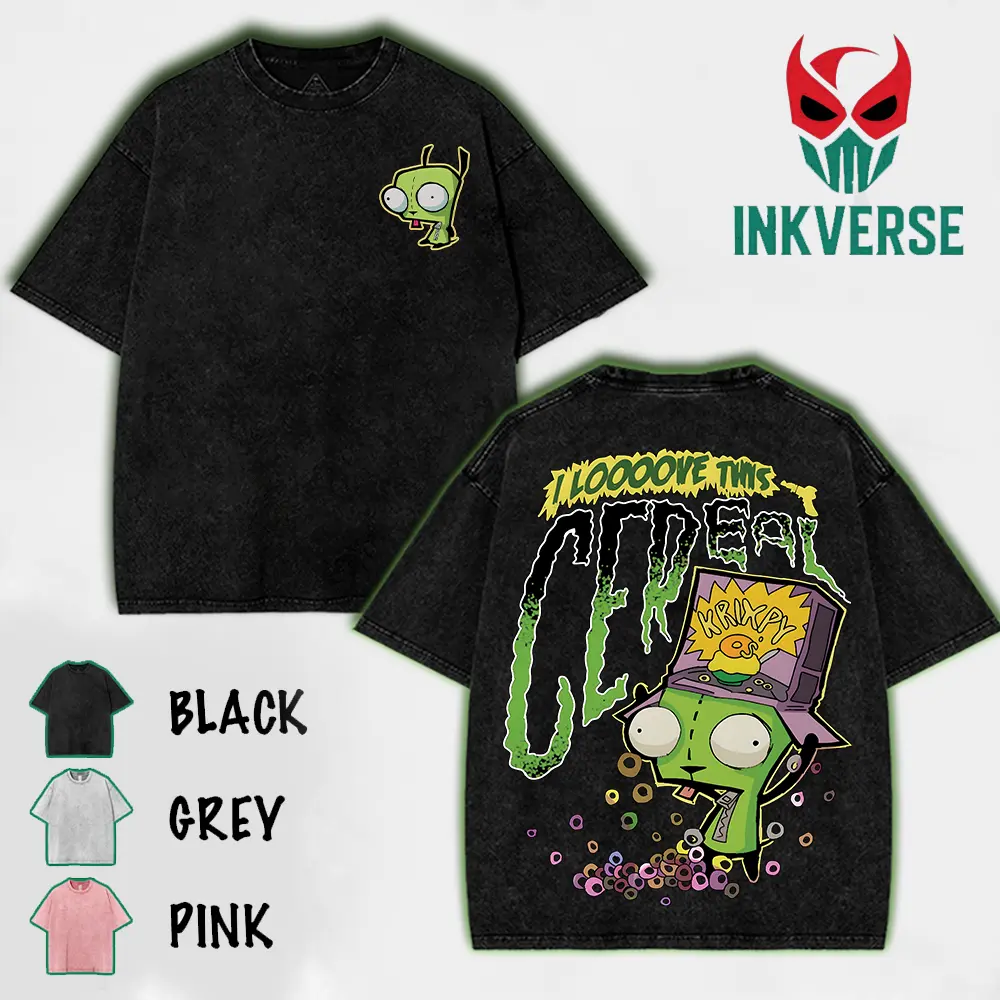 GIR - Invader Zim Wash T-Shirt,Hazbin Washed Shirt, Comic Shirt, TV Show Shirt graphic tees Menswear Top Cotton Fabric lover streetwear