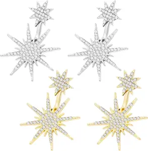 2 Pairs Starburst Earrings Sparkly Rhinestone Celestial Earrings Silver Gold Star Front Back Studs Boho Wedding Prom Valentines Birthday Accessories