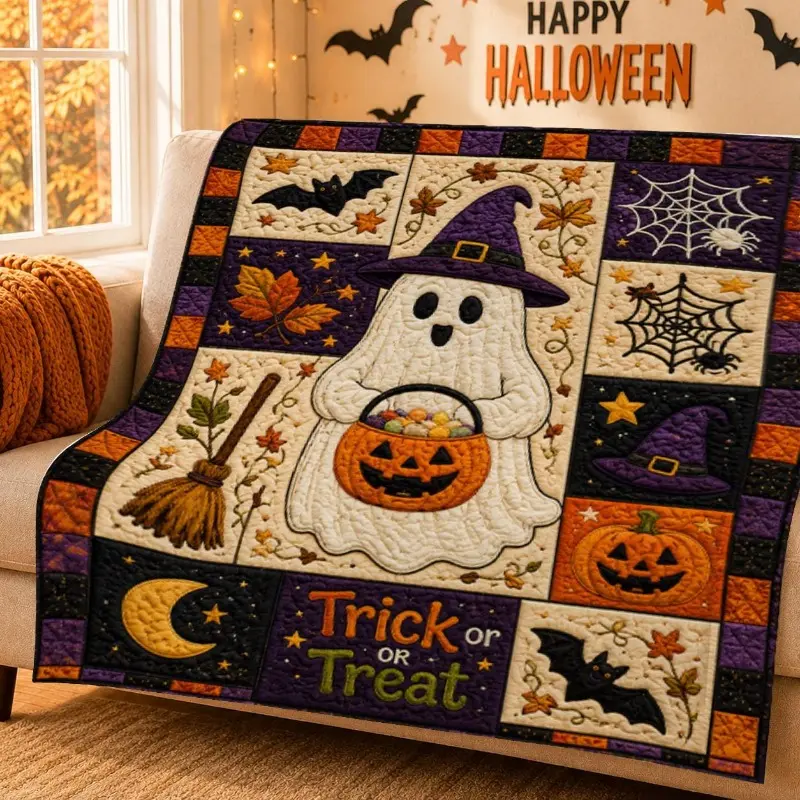 Halloween Ghost Quilt Blanket, Patchwork Throw, Spooky Fall Bedding, Pumpkin Witch Hat, Plush Flannel Blanket for Sofa Couch Bed Bedroom Reading Nook Trick or Treat Seasonal Home Accent