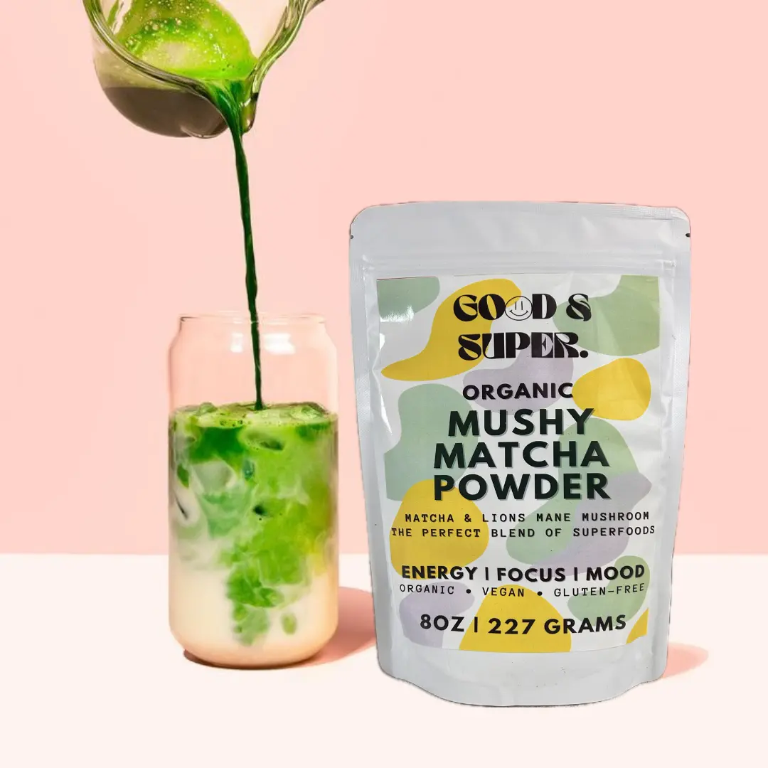 Good & Super Organic Mushy Matcha Powder 8oz Lions Mane Mushroom & Matcha Superfood Blend Vegan Gluten-Free Dairy-Free Soy-Free Culinary Grade Matcha Latte