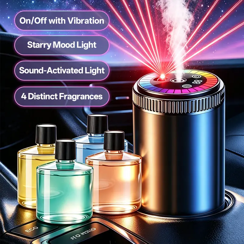 Rechargeable Smart Car Diffuser Kit - Star Sky Ambient Projection, Vibration & Sound Triggers Auto-Start-Stop, Customizable 5-Speed Mist, RGB Lighting, 4 Twist-Fit Liquid Refill Bottles