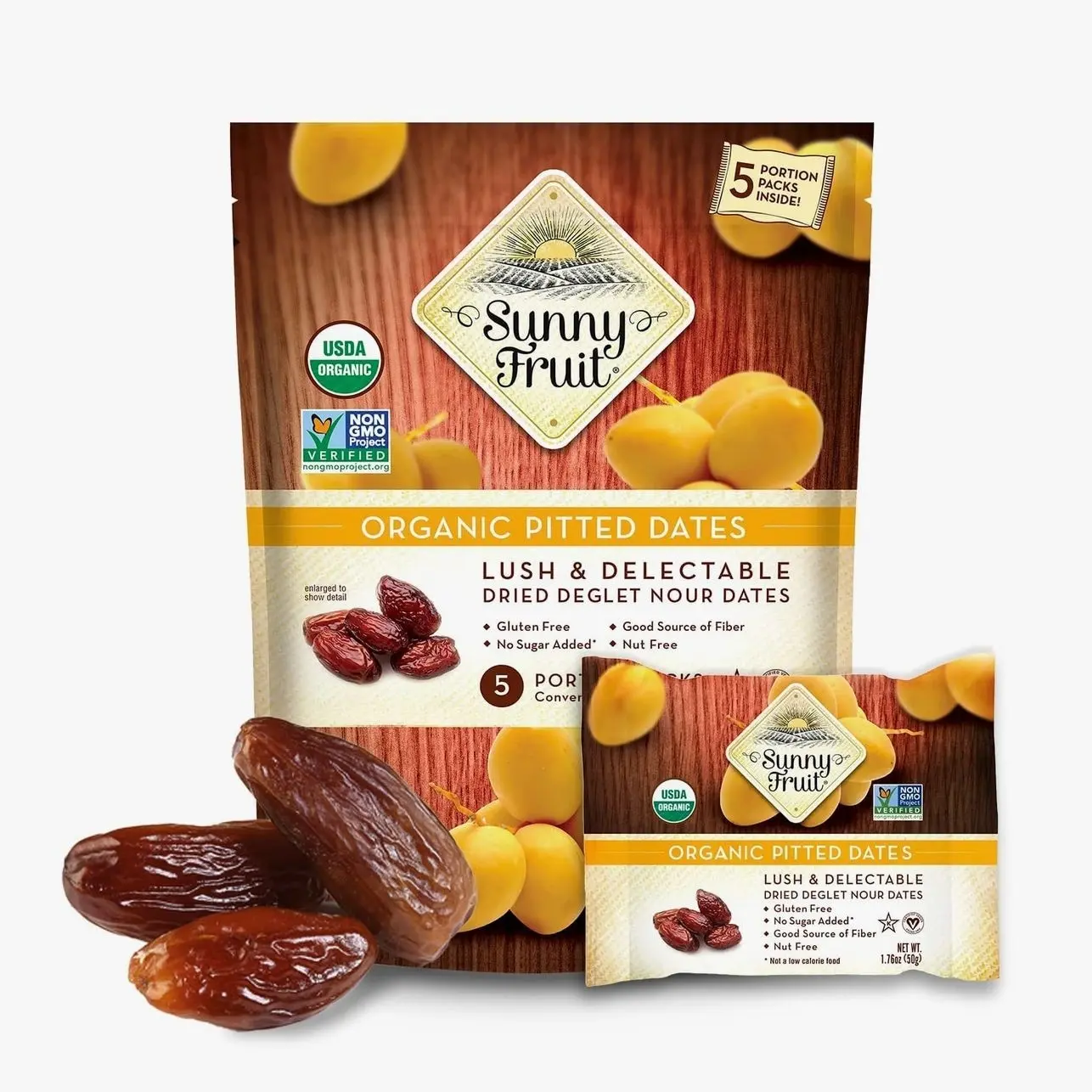 Sunny Fruit Organic Dried Pitted Deglet Nour Dates - 1 Bag (5 Individual Portion Packs) | No Preservatives, No Sugar Added | Healthy, Convenient Superfood Snack Packs | ORGANIC, NON-GMO, HALAL, KOSHER