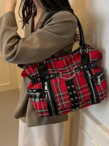 Punk Style Large Capacity Motorcycle Crossbody Tote Bag, Cool Plaid Chain Handbag, Casual Trendy Rivet Shoulder Bag for All Seasons