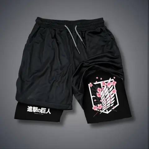 Attack on Titan Anime Double-Layer Sports Shorts Graphic Shorts Black Shorts Camo Shorts Streetwear Shorts Men Outfits Men Short Shorts Vacation Outfits Shorts