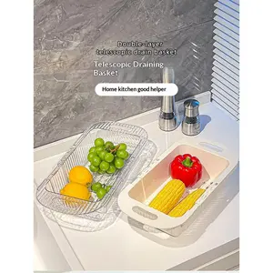 Expandable Kitchen Drain Rack – Over The Sink Dish Drying Rack, Collapsible Vegetable Washing Basket with Strainer, Multi-Purpose Sink Accessory for Fruits & Dishes