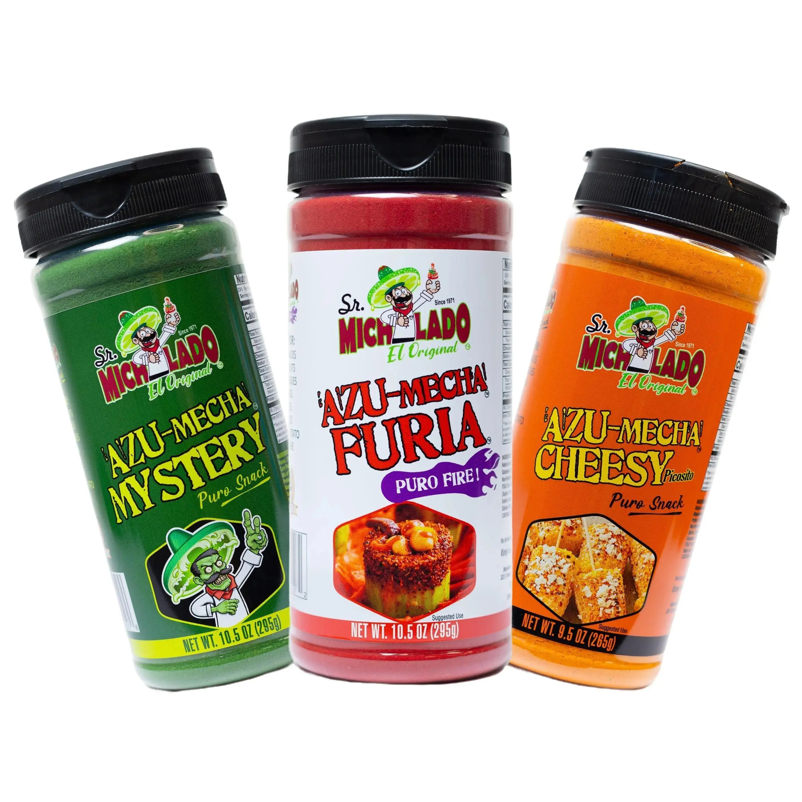 Azu-Mecha Bundle 3pk - Furia, Mystery, Cheesy - Snack Seasoning - Sr. Michelado - Bottle Flavor Spice powder Azu-Mecha Bundle 3pk - Furia, Mystery, Cheesy - Snack Seasoning - Sr. Michelado - Bottle Flavor Spice powder