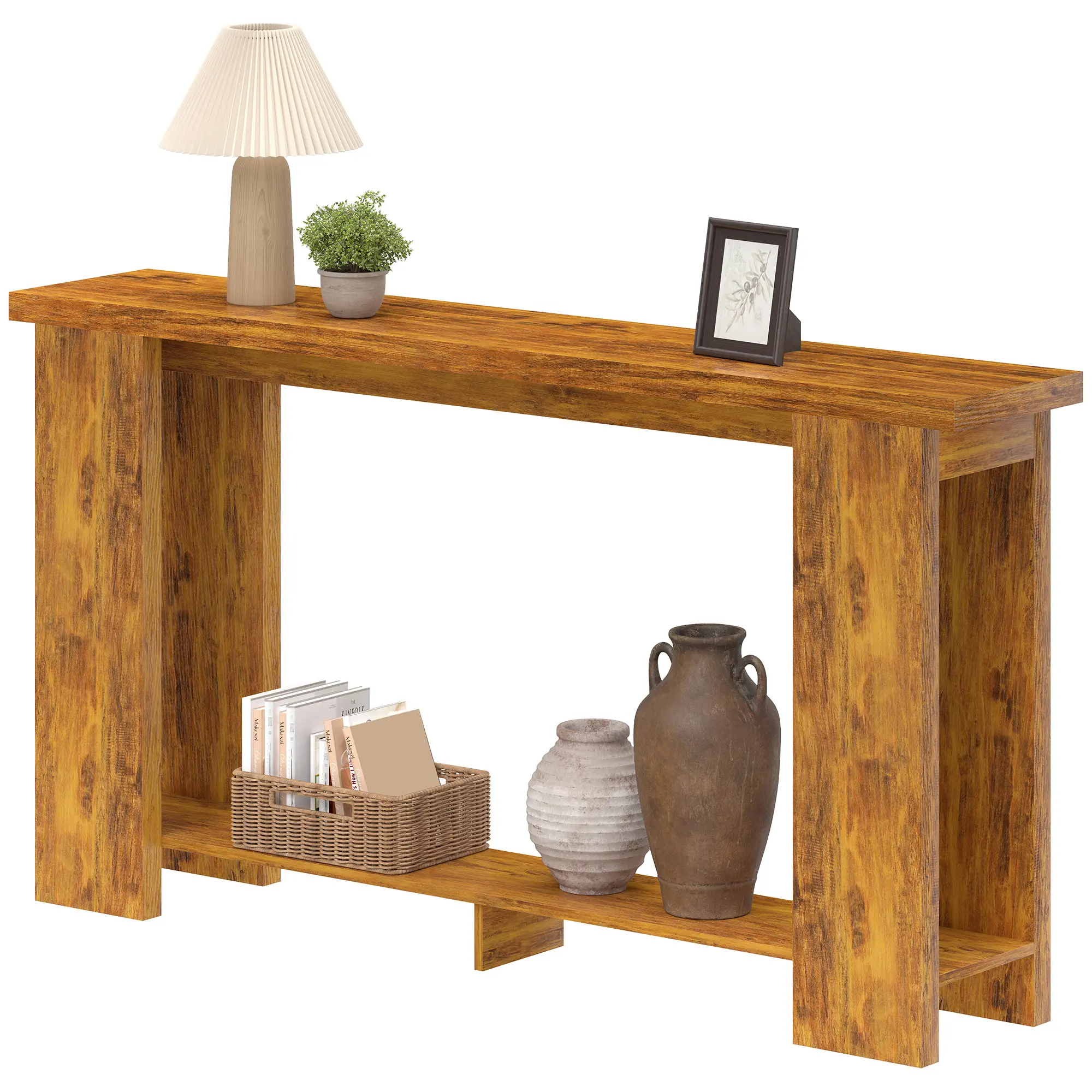 63" Distressed Brown Farmhouse Pedestal Console Table - Thick Tabletop, Narrow Entryway Table for Living Room, Hallway