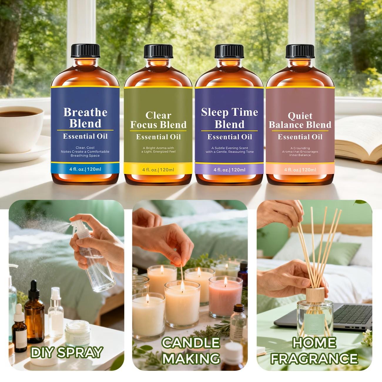 120ml/ 4oz Essential Oil Blend: Breathe, Sleep Time, Clear Focus, Quiet Balance Essential Oil for Humidifiers, Diffusers, Candle, Perfume Spray, Soap Making, Flavored Air | Yoga, Sleep, Meditation