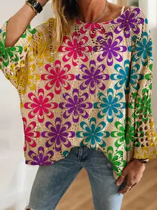 Women's Geometric Floral Print Long Sleeve Knit Top, Casual Elegant Vacation Style Sweater, Valentine's Day Knitwear, Batwing Shoulder Design