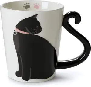 White Ceramic Coffee Mug or Tea Mugs: Animal Shaped Coffee Mugs with Hand Printed Designs and Printed Saying - 12 Fluid Ounce Large, Cute Handmade Cup (Cat Coffee Cup Ceramic) Black Cat Gifts Reusable